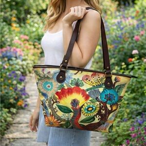 Sharif Leather Shoulder Bag Hand Painted Floral Bird Butterfly + COA w Dustbag